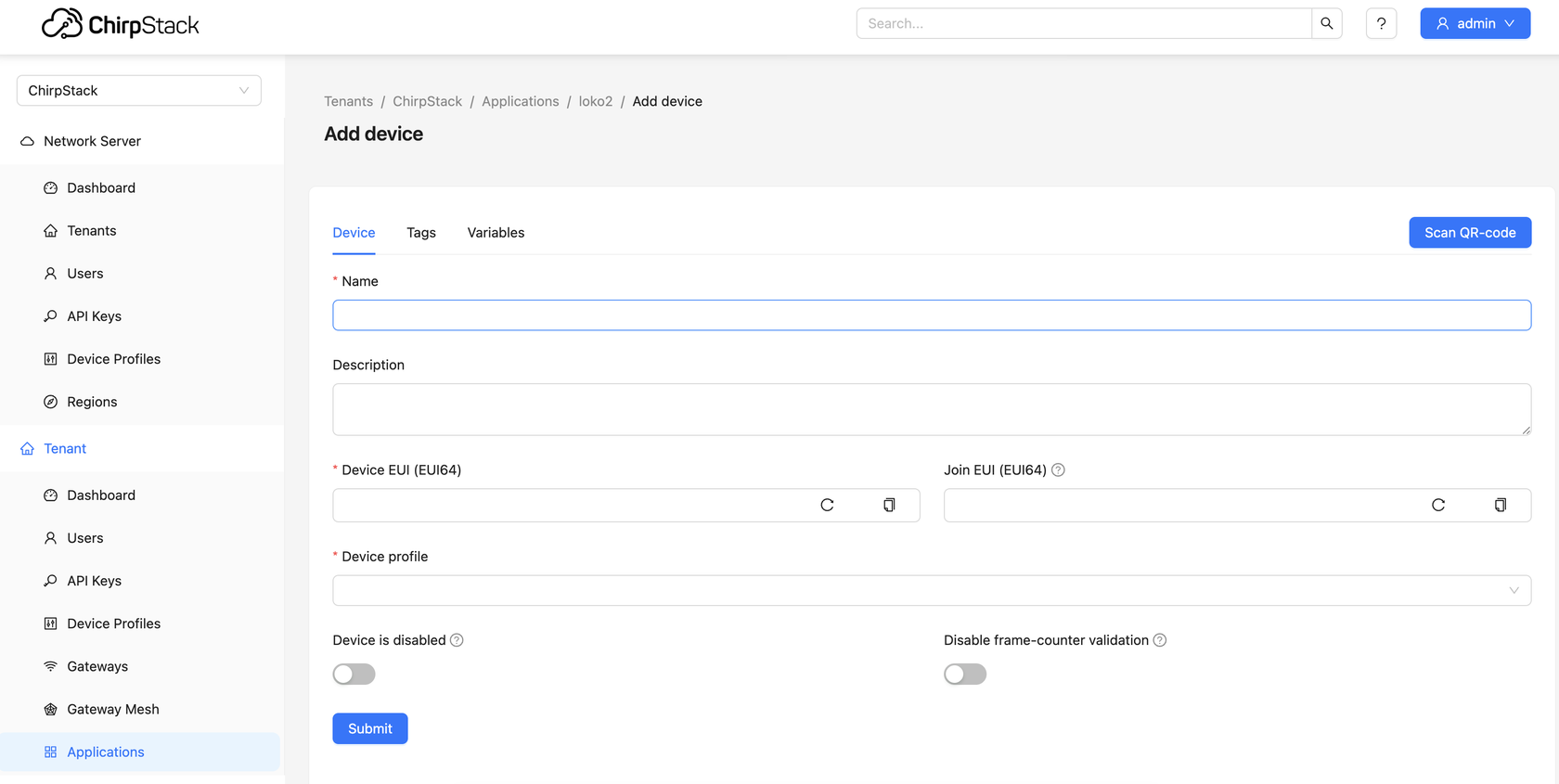 ChirpStack Add device form with name, Device EUI, Join EUI and device profile