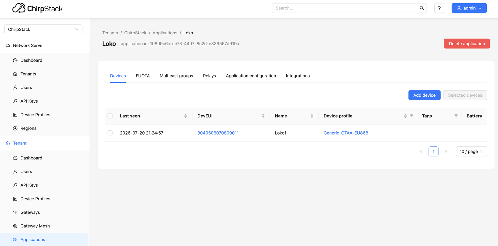 ChirpStack application Devices tab listing a Loko device